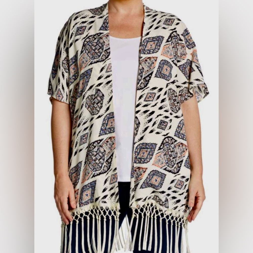 Vince Camuto Marrakech Fringed Tasseled Kimono Cardigan Topper Cover-Up Size 1X